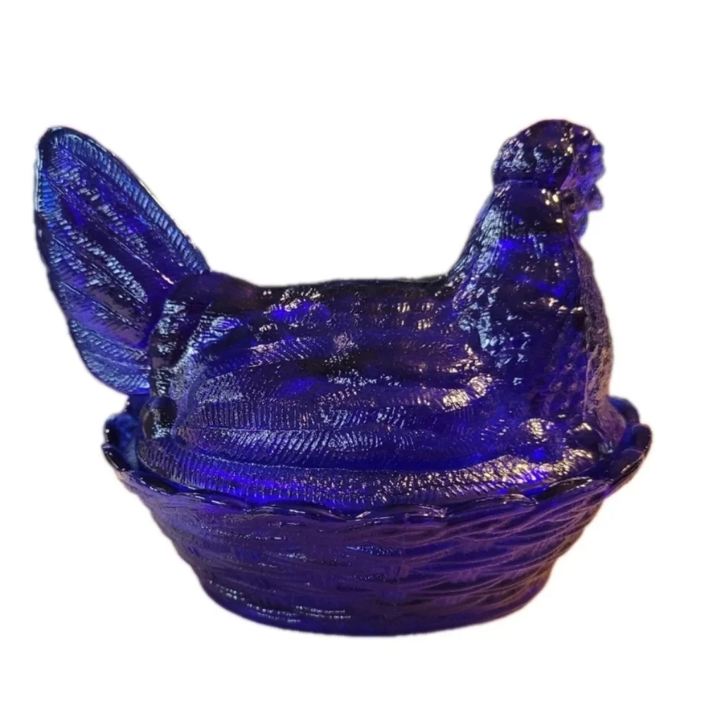 Hen on Nest Chicken Cobalt Blue Glass Style Dish 6 In Cottage Core Grandma Core